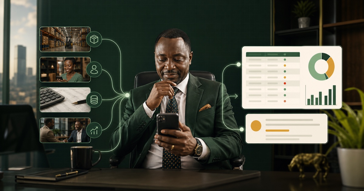 An executive receiving decision-ready information connected to warehouse, customer and finance systems.