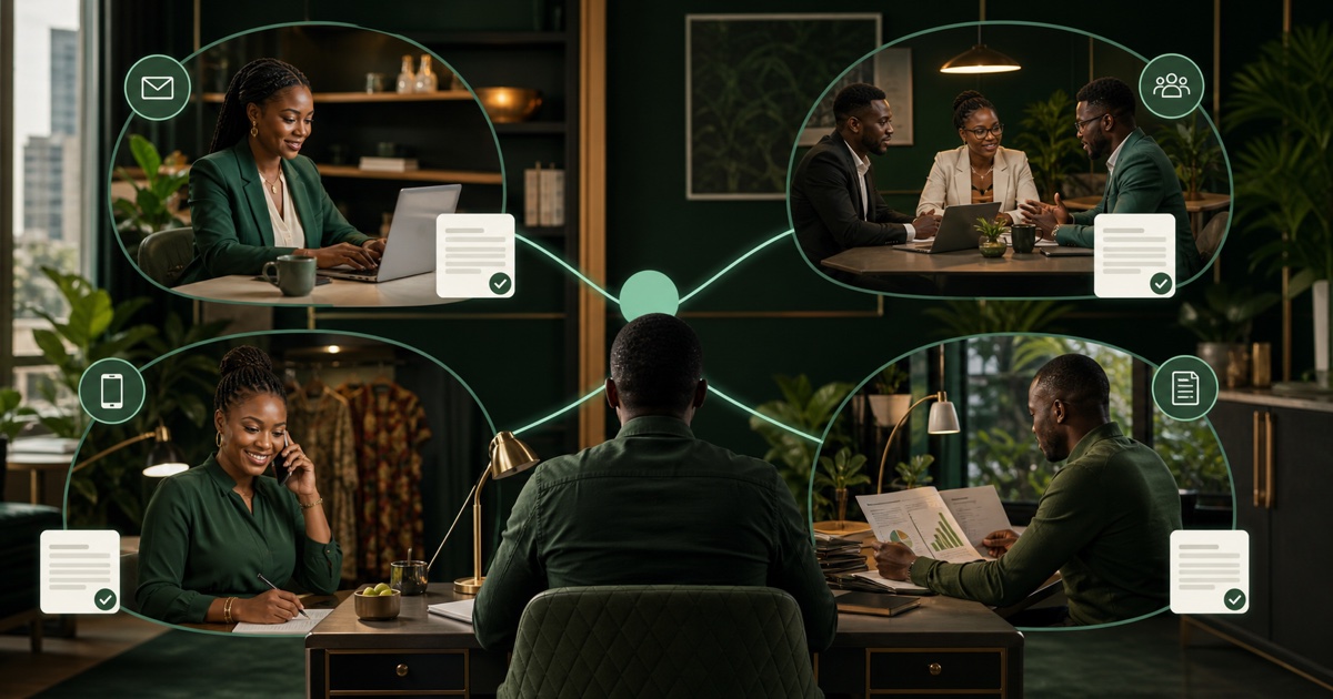 Four practical AI agent workflows connecting customer service, meetings, messaging and business reporting.