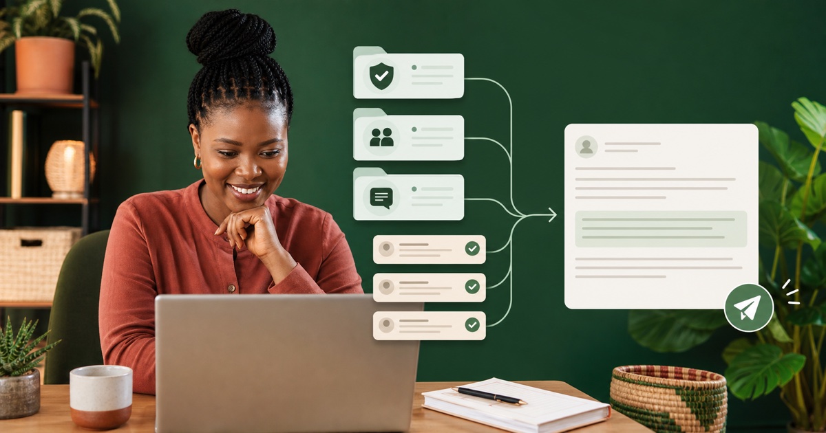 A customer-service professional reviewing a reply drafted from approved policies and examples.