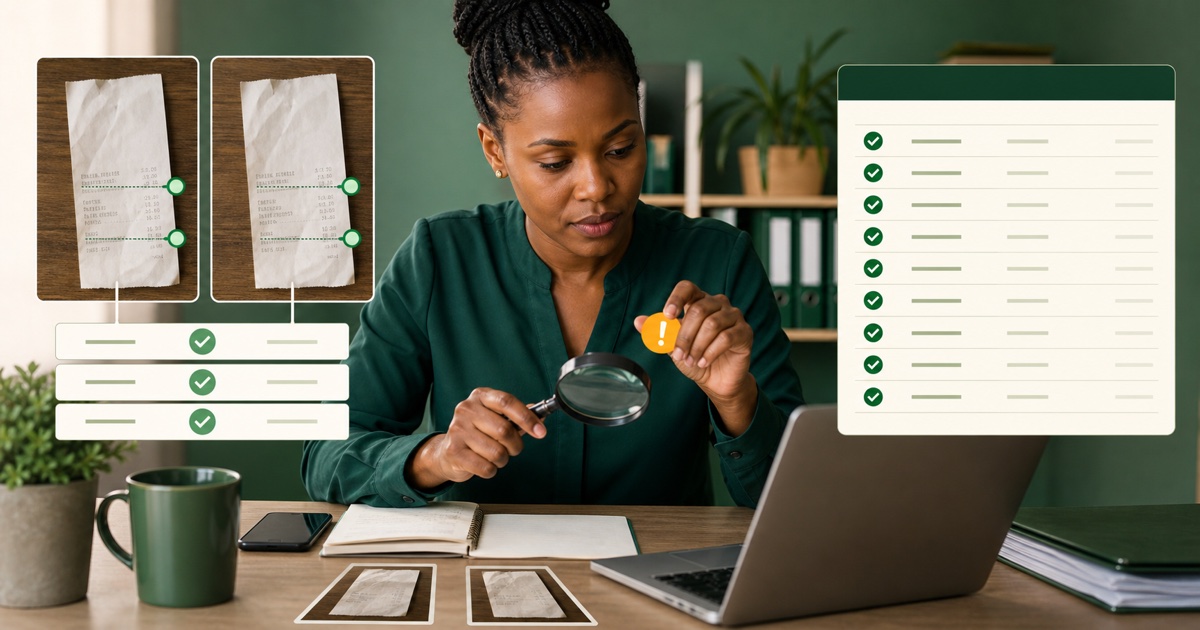 A Kenyan finance administrator comparing two similar receipt records and flagging a possible duplicate for review.
