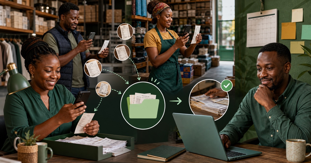 A Kenyan SME team sending receipt photos into one business collection point for weekly review.