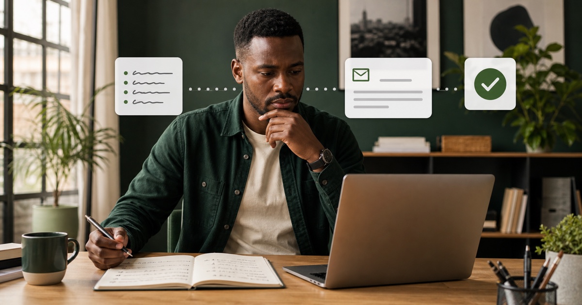 A business professional checking an AI-assisted email against handwritten notes before approving it.