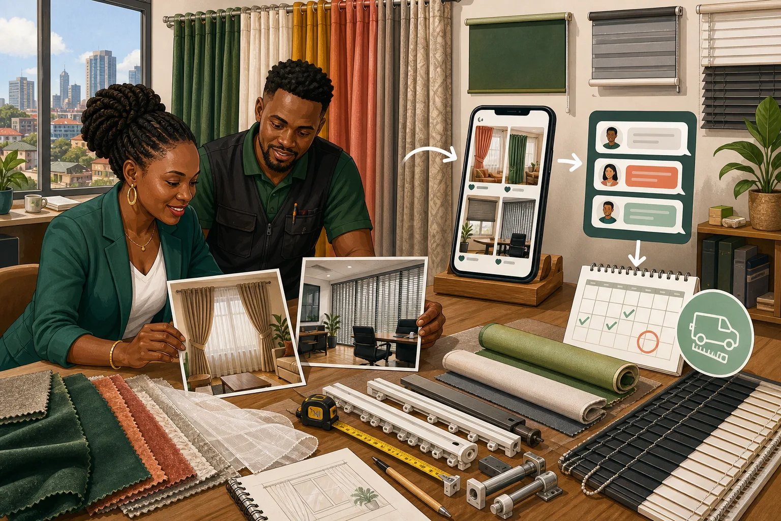 Editorial illustration of a Kenyan curtains and blinds team turning installation photographs and product knowledge into content, enquiries, and measurement bookings