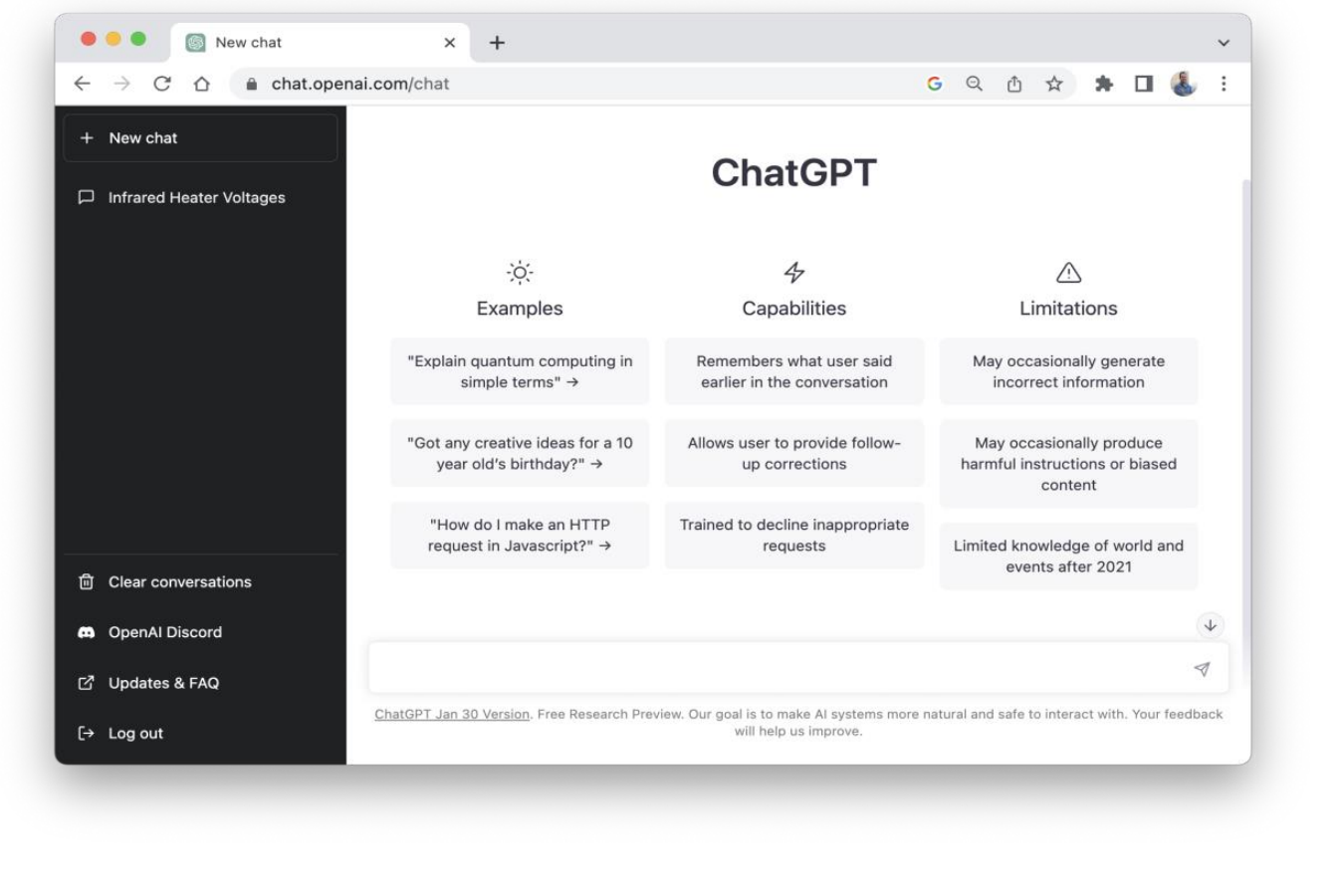 ChatGPT interface dated 30 January 2023 showing examples, capabilities, limitations and an empty message field
