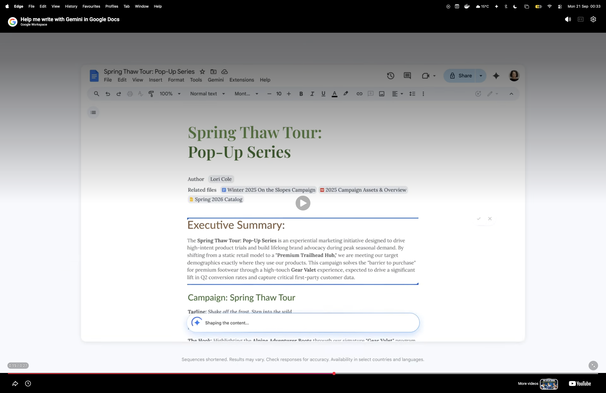 Google Workspace demonstration showing a Gemini edit inside Google Docs, with the changed passage highlighted and accept and reject controls beside it