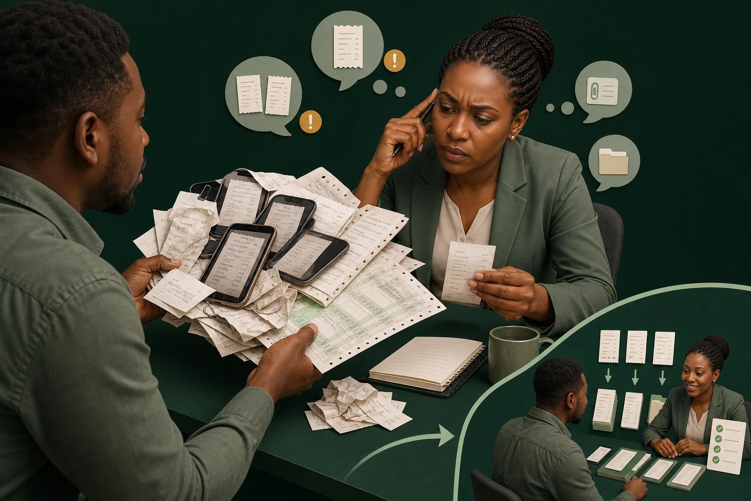 Small-business owner handing an accountant a confusing mix of loose receipts, receipt photos, duplicate documents, and records with gaps
