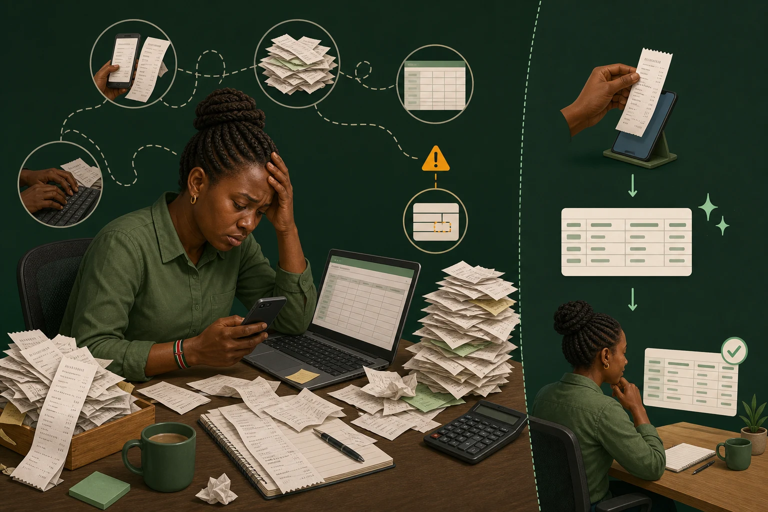 Kenyan small-business administrator surrounded by receipt piles while copying details into a spreadsheet, with a smaller assisted path for extracting and checking the data