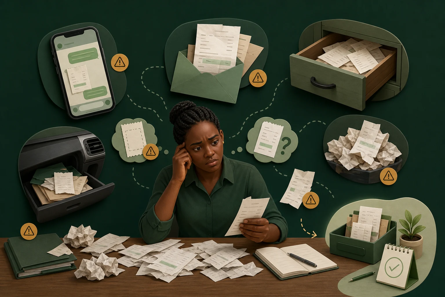 Kenyan small-business administrator searching for receipts scattered across messages, email, a desk drawer, a vehicle, and loose paper piles